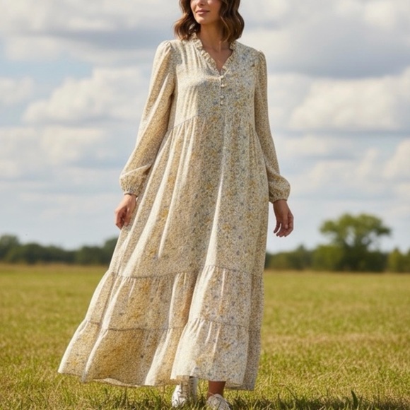 Carly Jean Los Angeles Dresses & Skirts - Carly Jean Los Angeles CJLA Yellow Floral Long Sleeve Tiered Maxi Dress sz Small